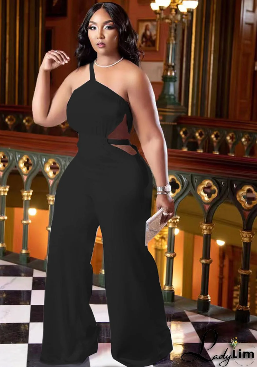 Women Summer Black Modest Slash Neck Sleeveless Solid Hollow Out Full Length Loose Plus Size Jumpsuit