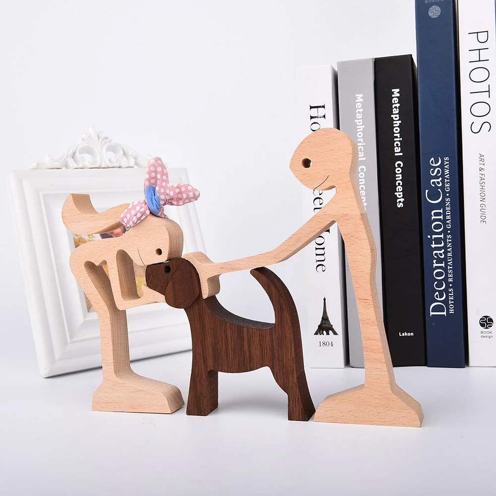 Puppy Family Wood Dog Carving Ornament Christmas Decoration Home Decor Figurine Desktop Table Sculptures For Dog Pet Lover Gifts