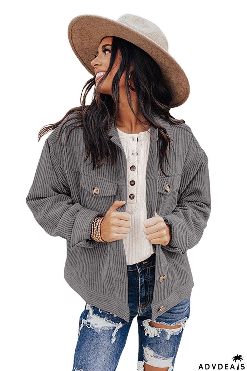 Ribbed Corduroy Long Sleeve Jacket with Pocket