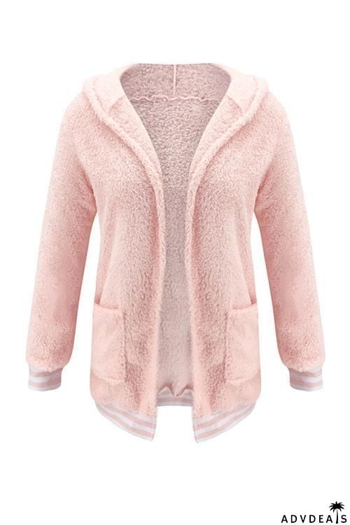 Pockets Stripe Fuzzy Coat