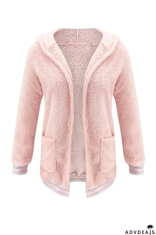 Pockets Stripe Fuzzy Coat