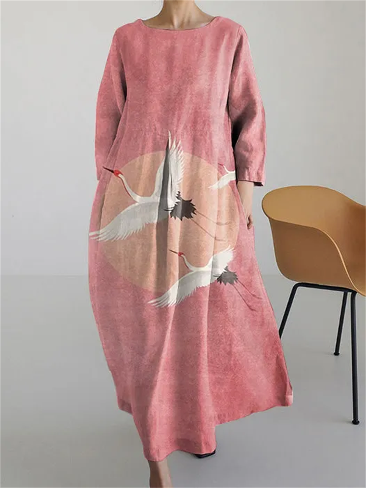 Women's Retro Japanese Feihe Round Neck Long Sleeve Dress