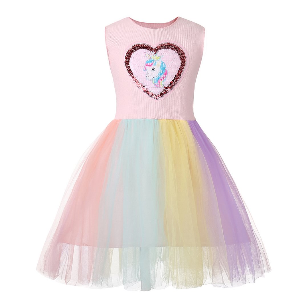 Kids Girls' Dress Unicorn Patchwork Rainbow Causal Sequins Tulle Blushing Pink Sleeveless dress-Pajamasbuy