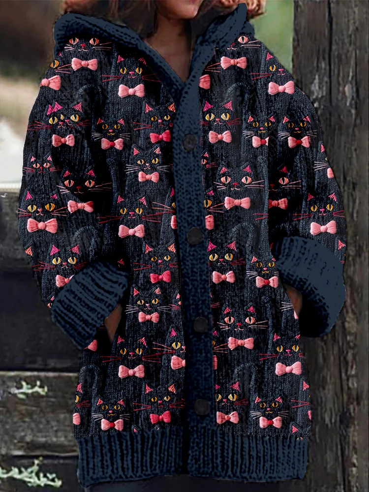 Black Cat With Pink Coquette Bow Knitted Cozy Cardigan
