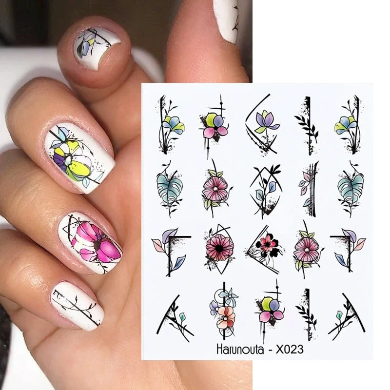 Harunouta Butterfly Flower Design Leaves Nail Water Decals Color Wave Geometric Line Charms Sliders Decoration Tips For Nail Art-Nail Inspo
