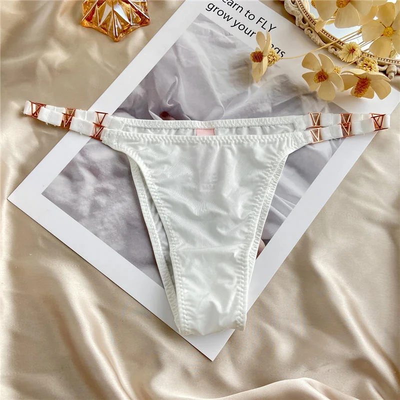 Women Sexy Panties Lingerie Low-Waist Temptation Briefs Soft Silky Thong G-String Panties Female Metal Solid Underwear Knickers