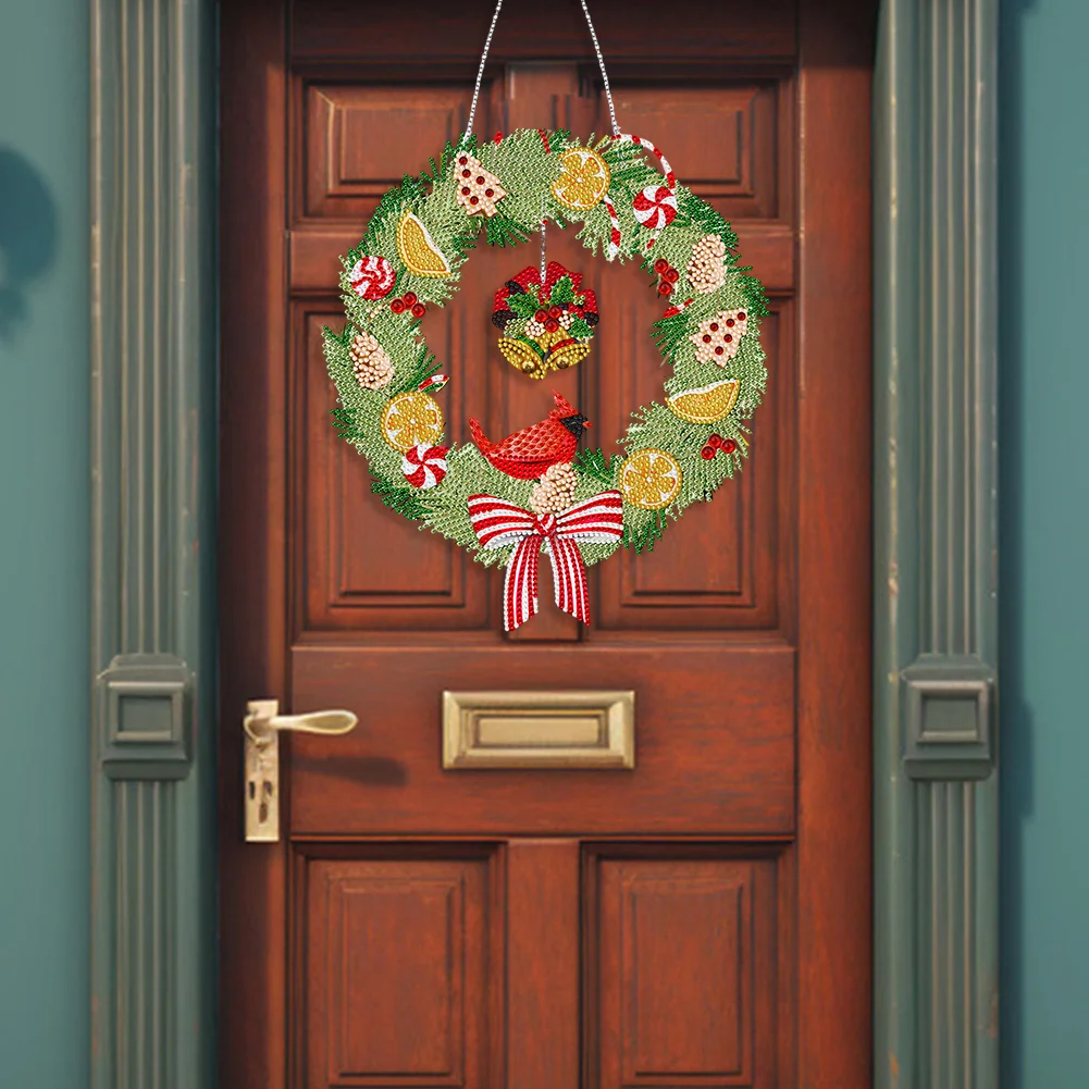 DIY Xmas Bird Bell Acrylic Single Side Special Shaped Diamond Painting Wreath Ornament with LED Light