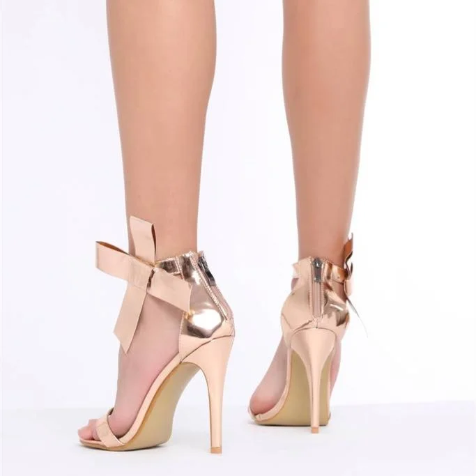Rose Gold Side Bow Stiletto Sandals with Ankle Strap - Open Toe Vdcoo