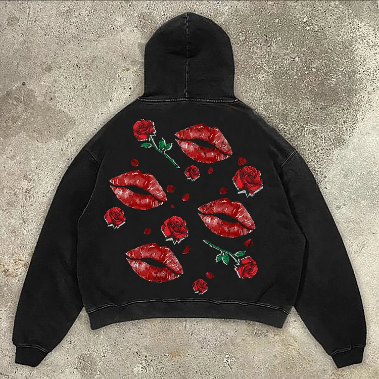 Retro Valentine's Day Lip Rose Print Washed Hoodie