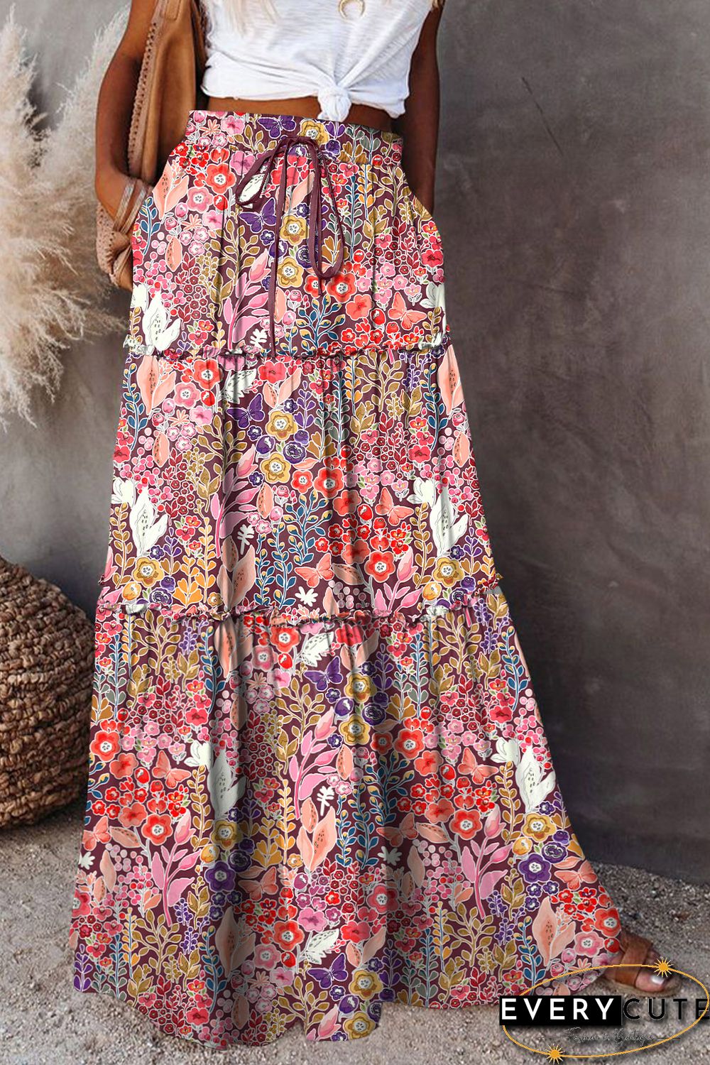 Multicolor Boho Floral Print High Waist Maxi Skirt