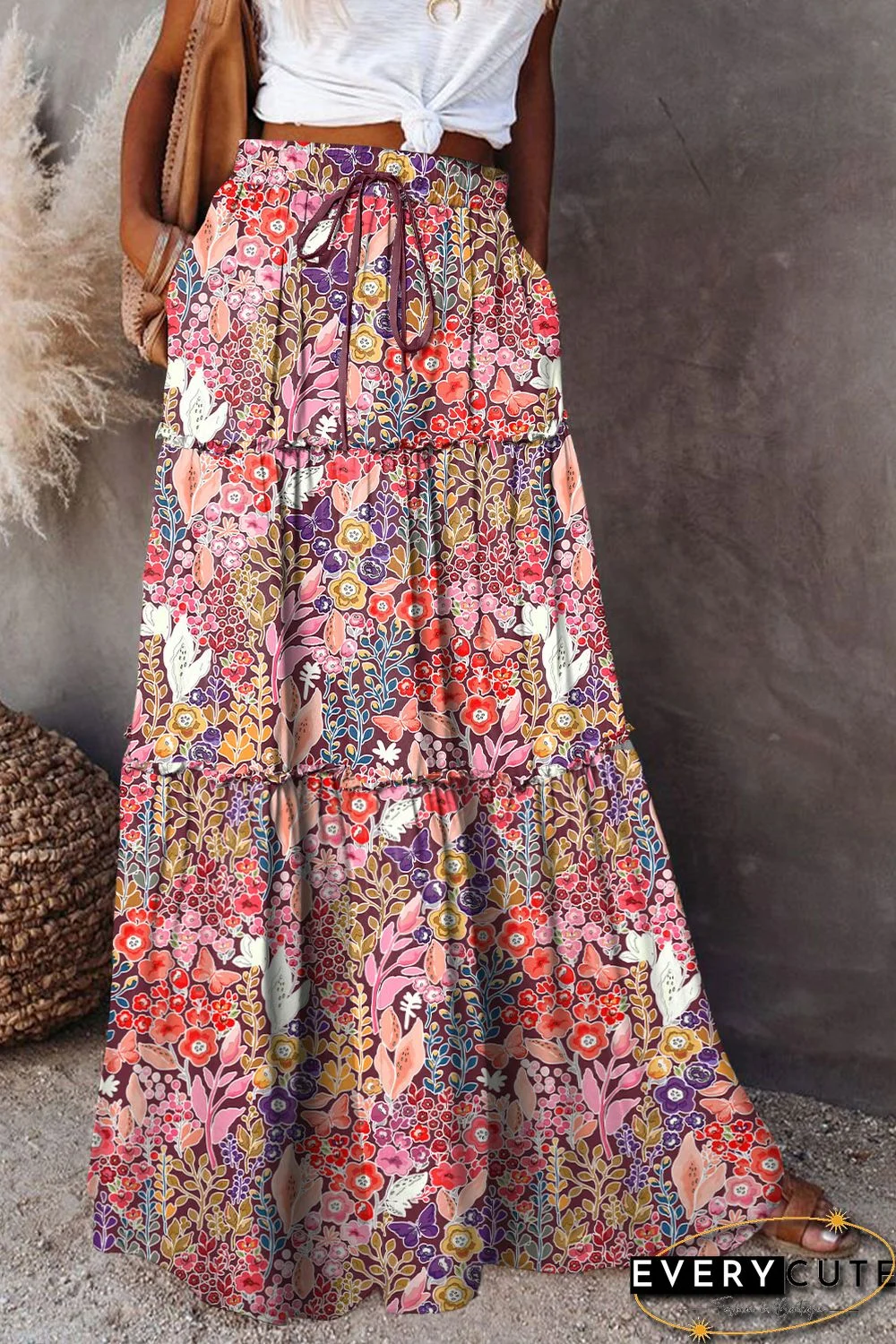 Multicolor Boho Floral Print High Waist Maxi Skirt
