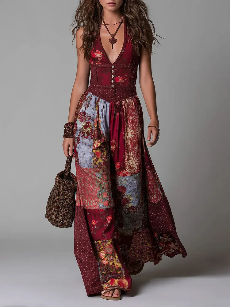 Red Boho Ethnic Floral Print V-neck Button Decoration Maxi Dress
