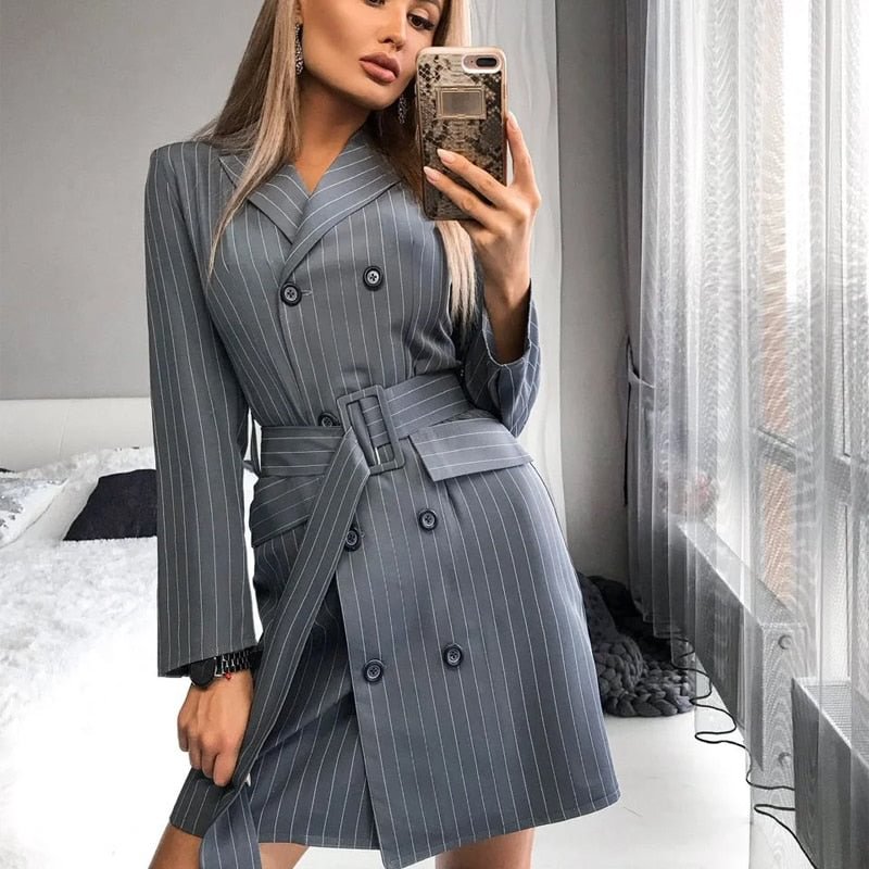 Women Striped Print Sashes Front Button A-line Dress Long Sleeve Notched Collar Solid Elegant Casual Dress 2020 Winter OL Dress