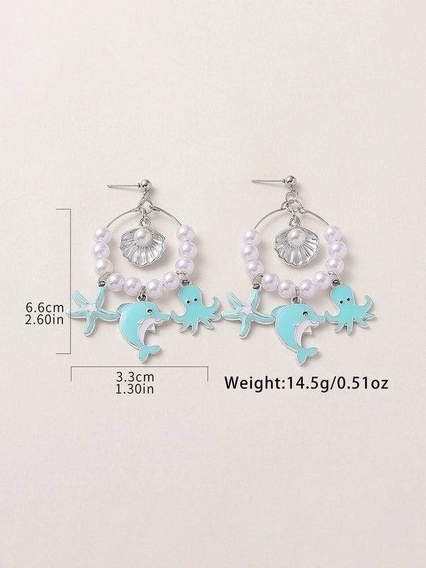 1 Pair Casual Vacation Beach Starfish Dolphin Octopus Beaded Enamel Inlay Synthetic Resin Alloy Artificial Pearls Drop Earrings