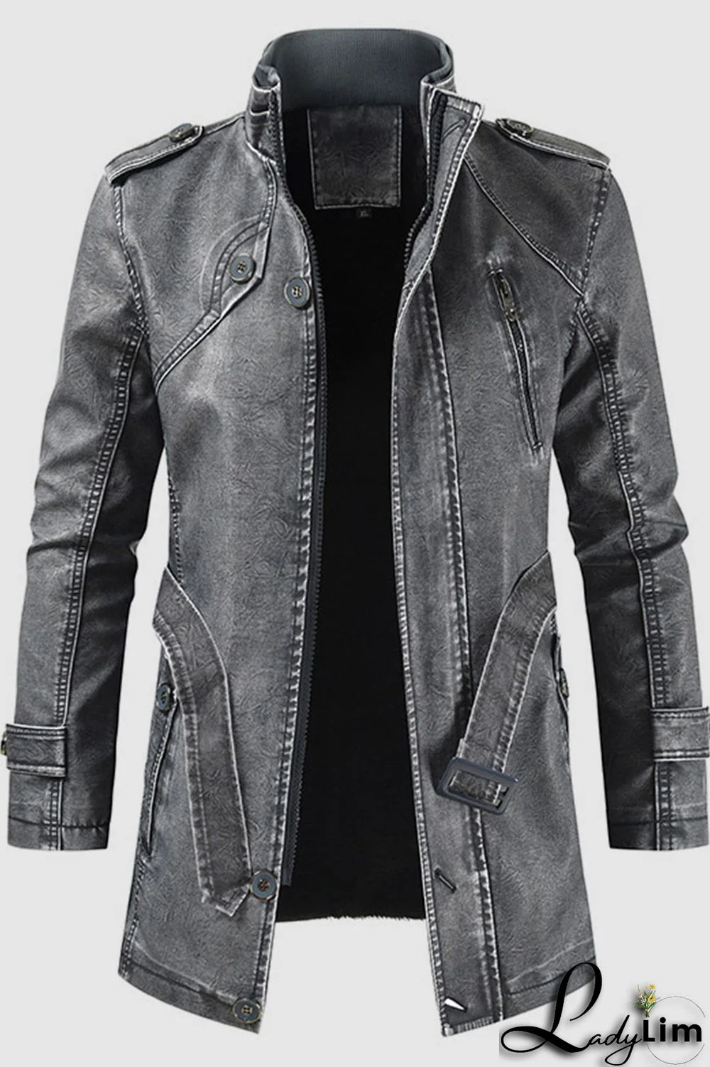 Brown Casual Solid Split Joint Zipper Turtleneck Outerwear