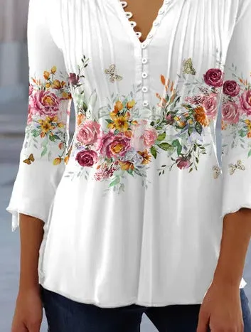 Brownm 3/4 Sleeves Printed Button Waist Blouses