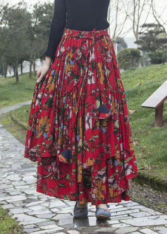 Classy Red Ruffled Patchwork Floral Tie Waist A Line Skirt