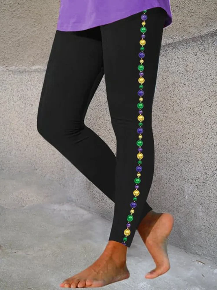 VChics Mardi Gras Beads Print Casual Cozy Stretch Leggings