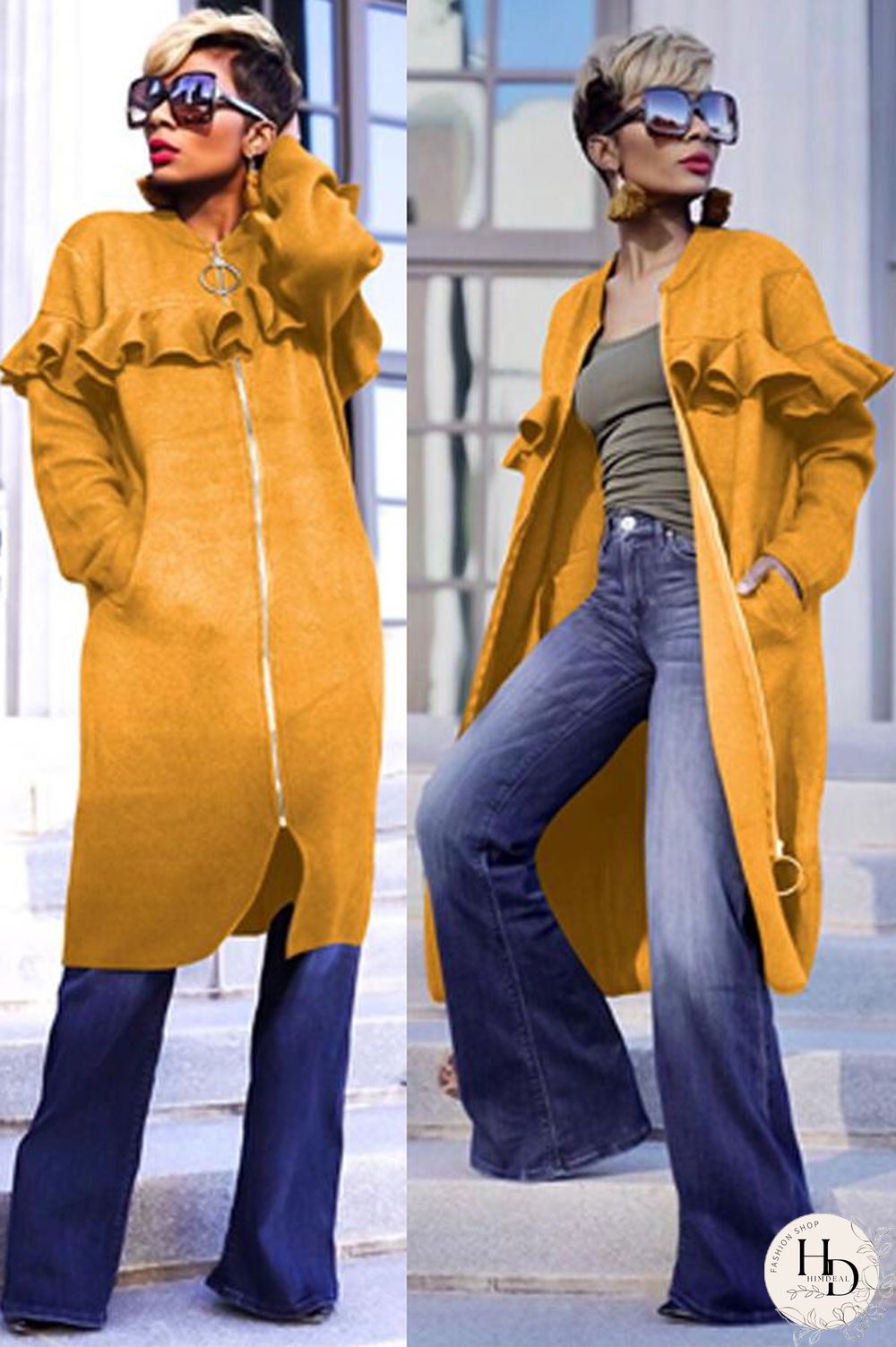 Yellow O Neck Zippered Patchwork Stringy selvedge Solid Pure Long Sleeve Coats & Cardigan