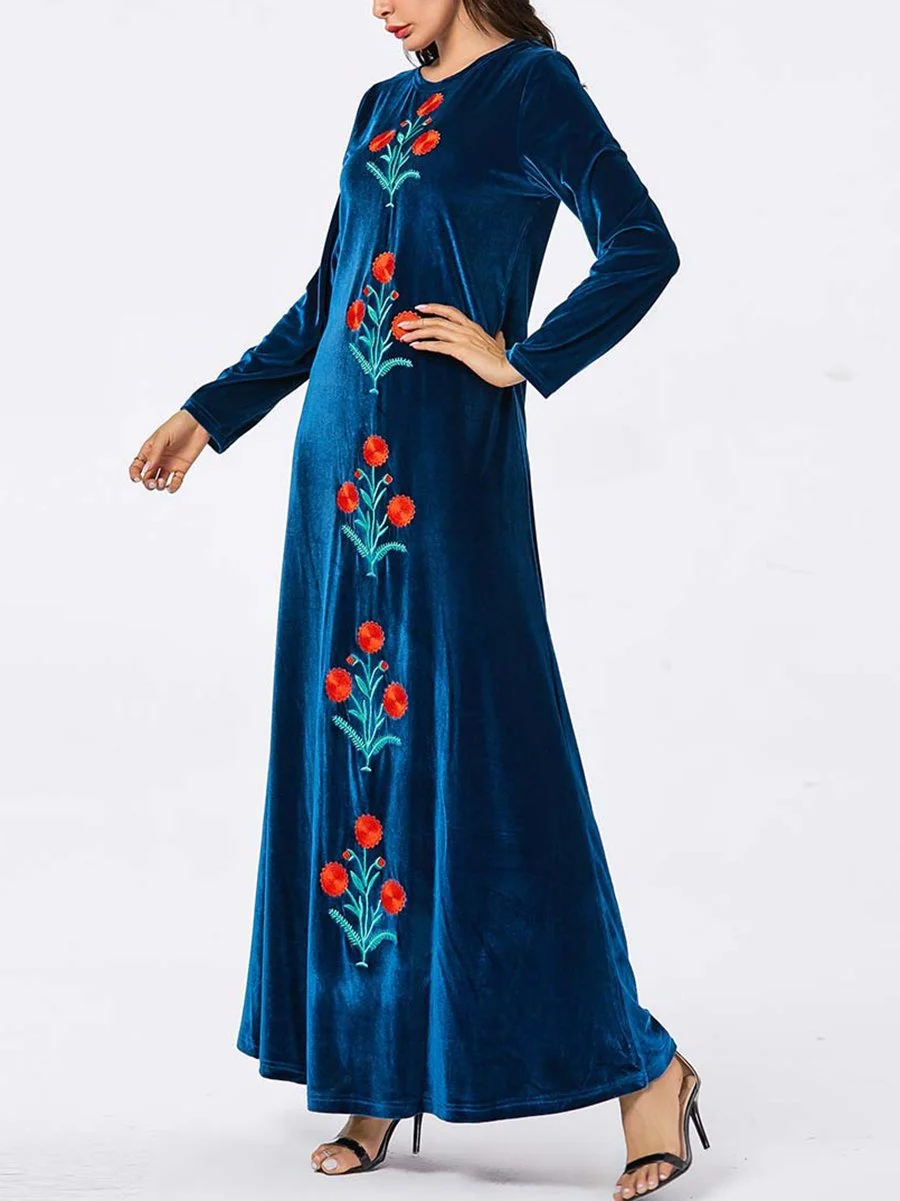 Casual velvet dress with plant embroidery