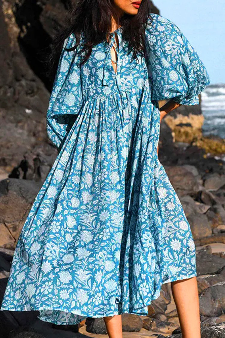 College Vacation Floral Patchwork Frenulum Asymmetrical Collar Beach Dress Dresses(6 Colors) socialshop