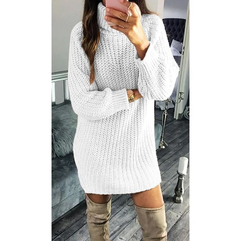 Solid Color Knitted Dress Autumn and Winter Pullover White Dresses
