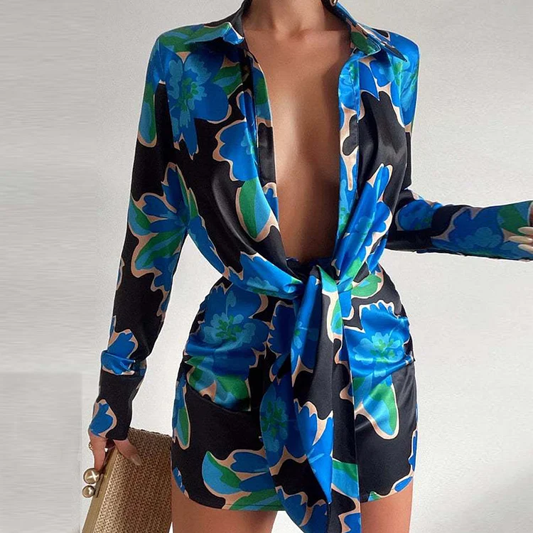 Women's Fashion Satin Shirt Chic Print Long Sleeve Tie V Neck Mini Dress