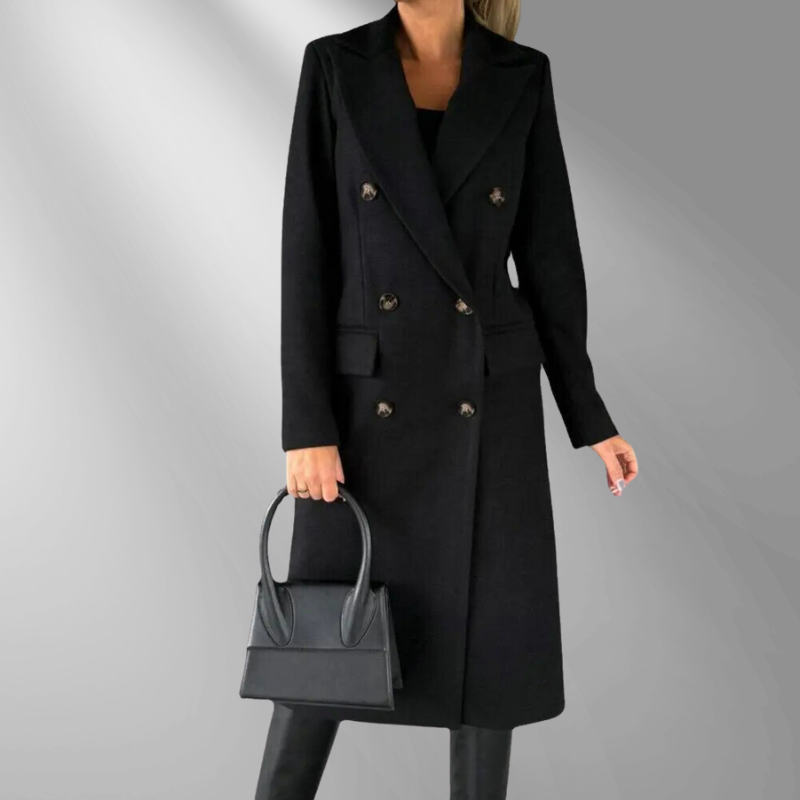 Damen Mantel – Doppelreiher, Tailliert, Wollmix, Goldknöpfe, Knielang, Eleganter Stil-55035-59519544426839
