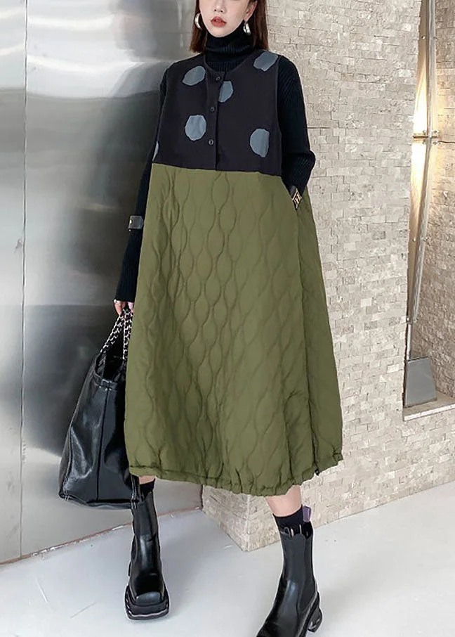 Simple Colorblock O-Neck Woolen Patchwork Fine Cotton Filled Maxi Dresses Winter
