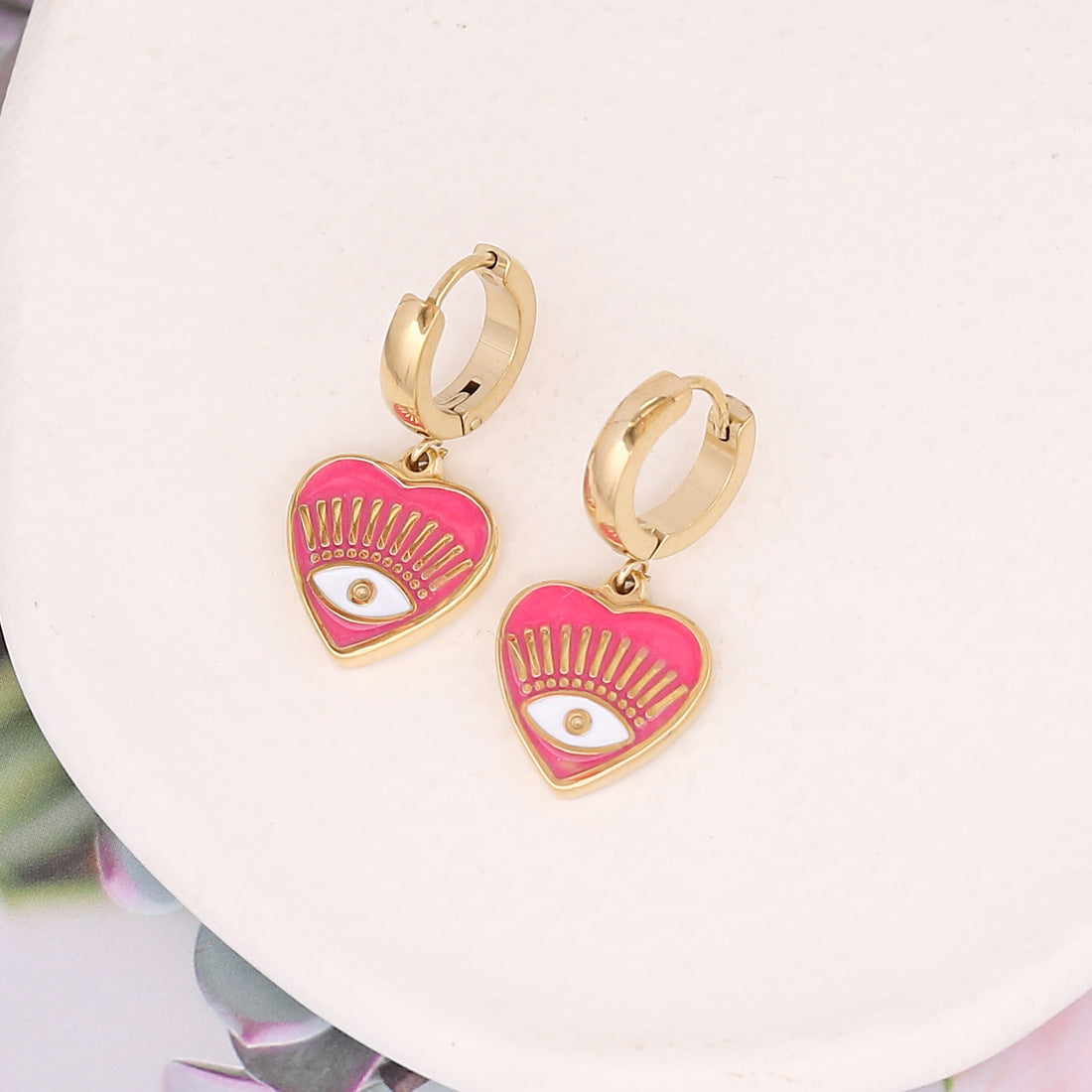 Women Eye Bohemian Heart Stainless Steel Oil Dripping Earrings