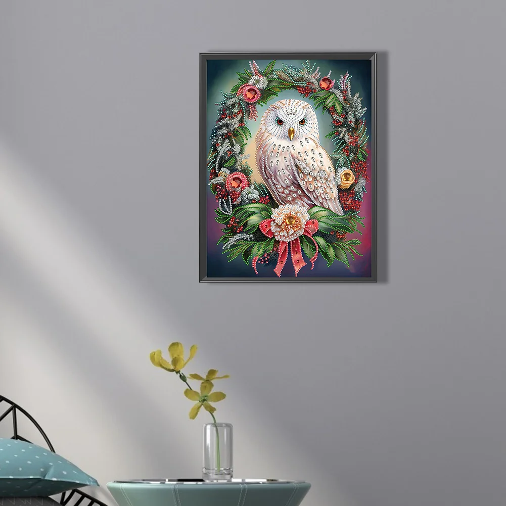 Diamond Painting - Partial Special Shaped Drill - Xmas Owl Wreath(Canvas|30*40cm)