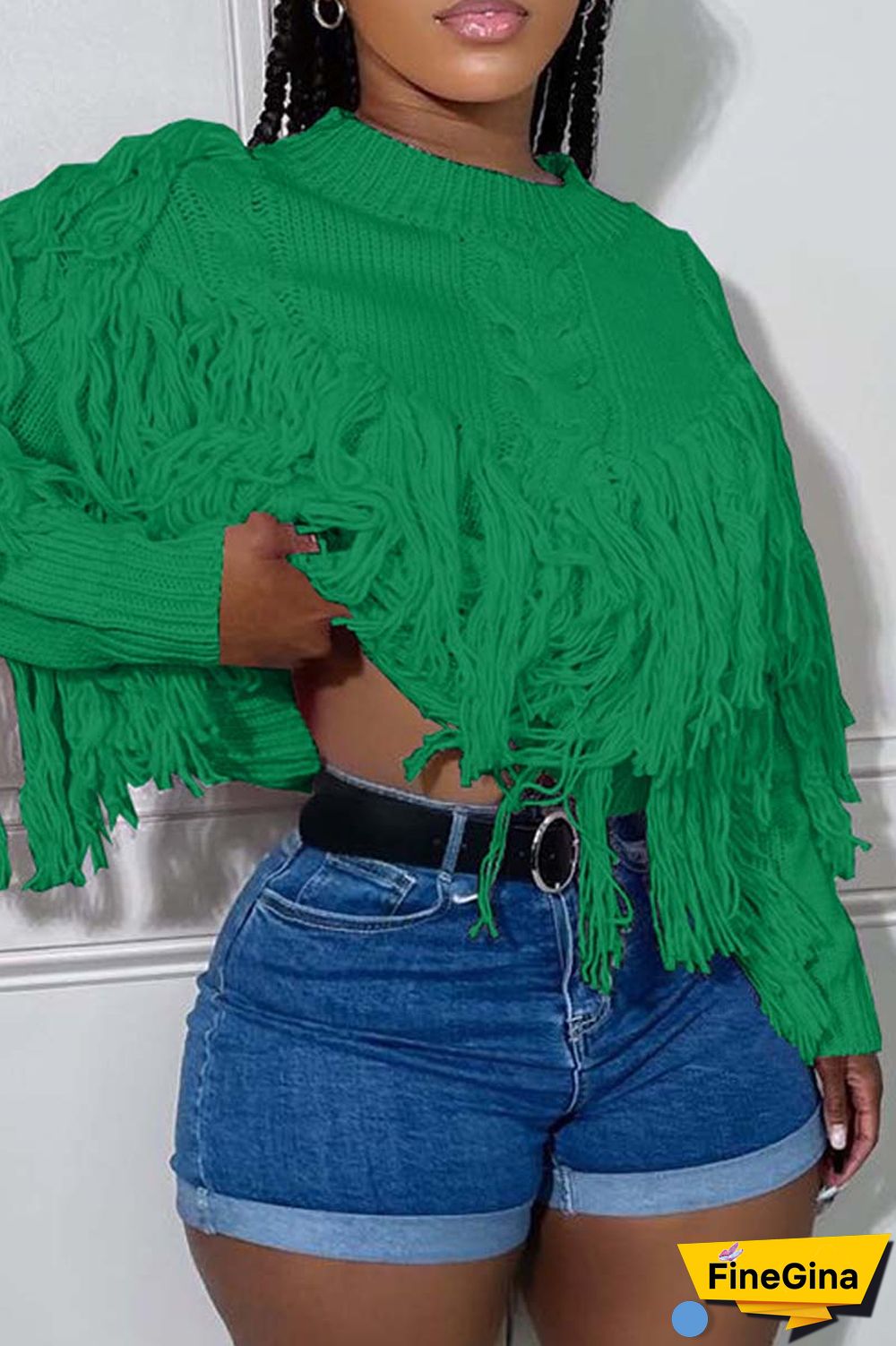 Pink Casual Solid Tassel O Neck Tops