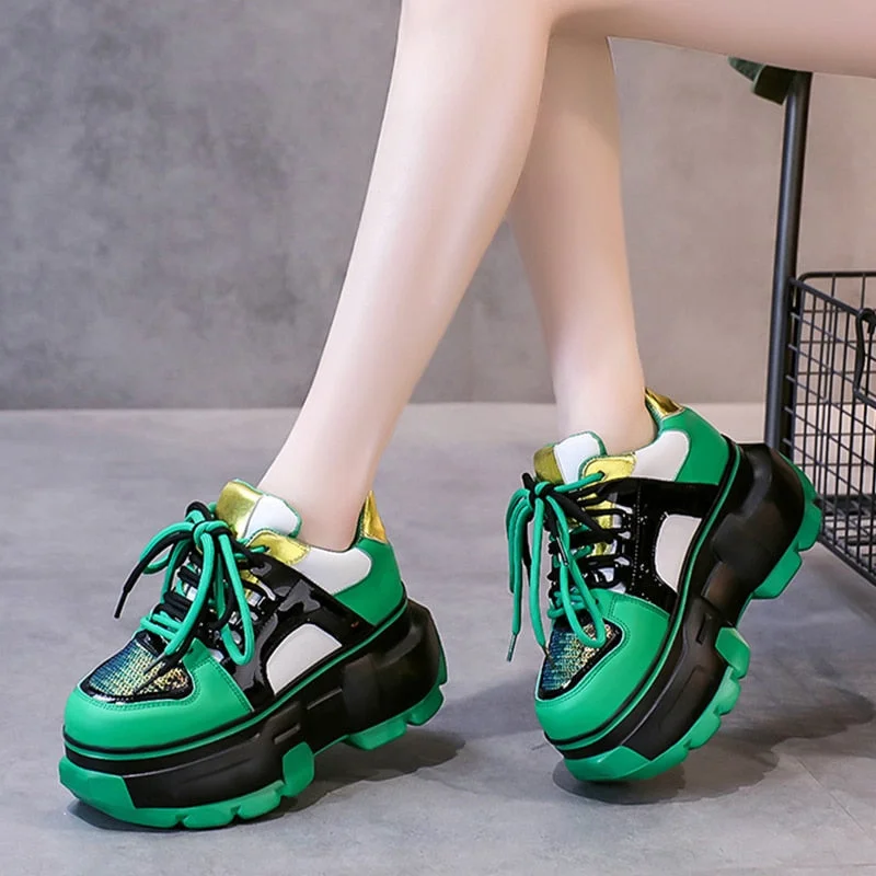 Women's Green Glitter Chunky Sneakers 2022 Spring High Heels Platform Shoes For Women Colorful Thick Sole Vulcanize Shoes