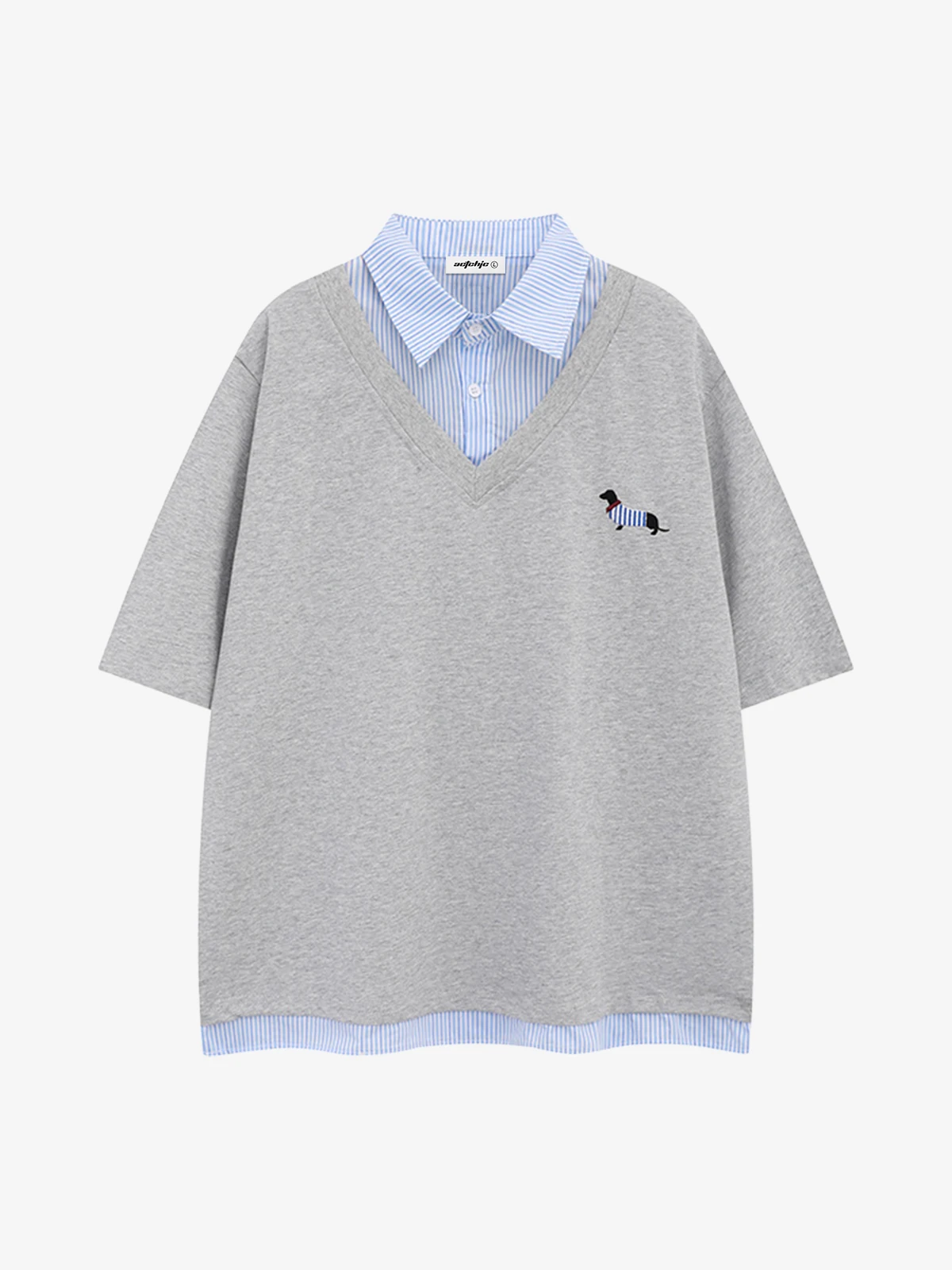 Grey Act Chic Stripe Faux Two-Piece Dachshund Embroidery Tee Front