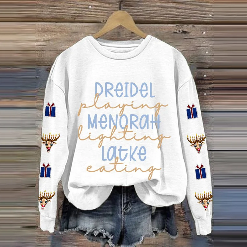 Women's Dreidel Playing Menorah Lighting Latke Eating Printed Casual Sweatshirt
