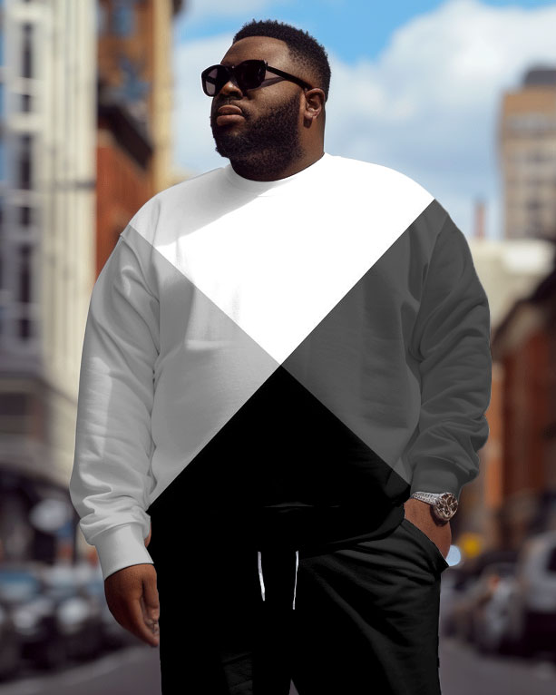 Men's Plus Size Simple All-Match Color Block Patchwork Printed Sweater Two-Piece Set
