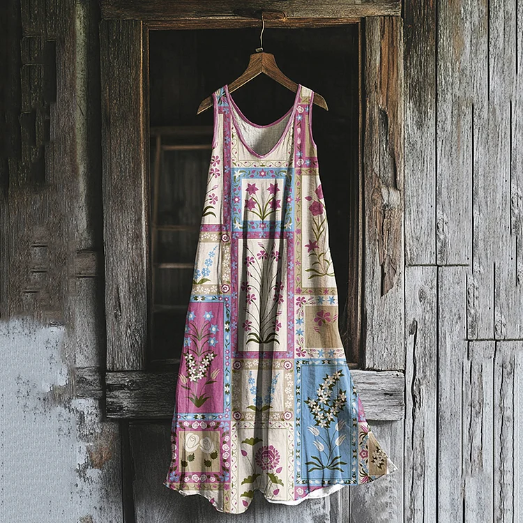 Women's Retro Geometric Floral Cotton And Linen Sleeveless Dress