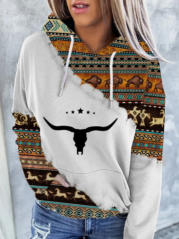 Women's Vintage Western Print Casual Hooded Sweatshirt