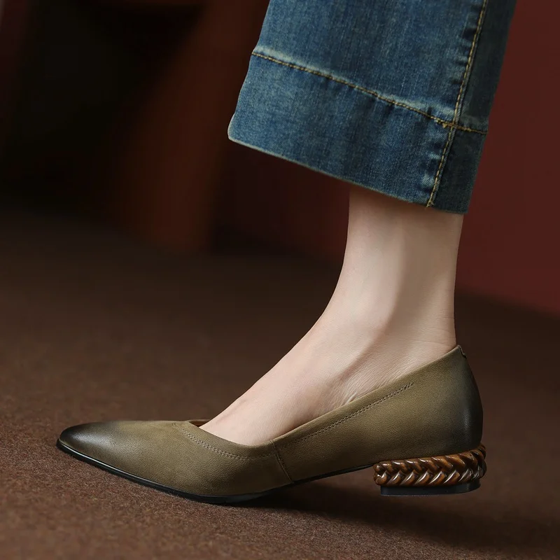 Breakj Breakj Retro Wiping Pointy Light-Mouthed Single-Shoe Women 2025 New Comfortable Soft Leather Thick Heel Low-Heeled Single Shoes