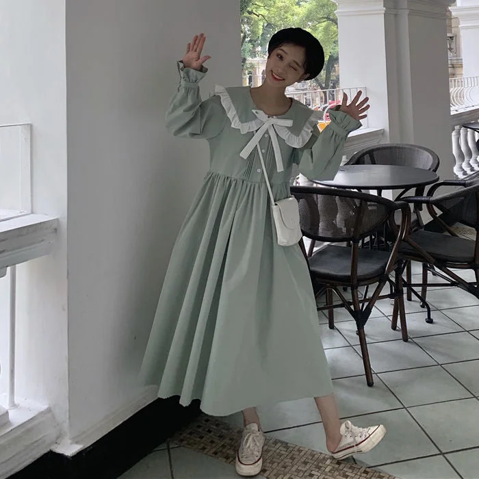 Long Sleeve Dress Patchwork Peter Pan Collar Leisure Bow A-line Loose Sweet Students Korean Style Fashion Streetwear New Ulzzang