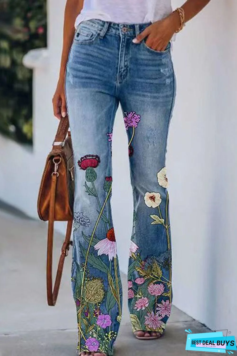 Casual Floral Pocket Regular Denim Jeans