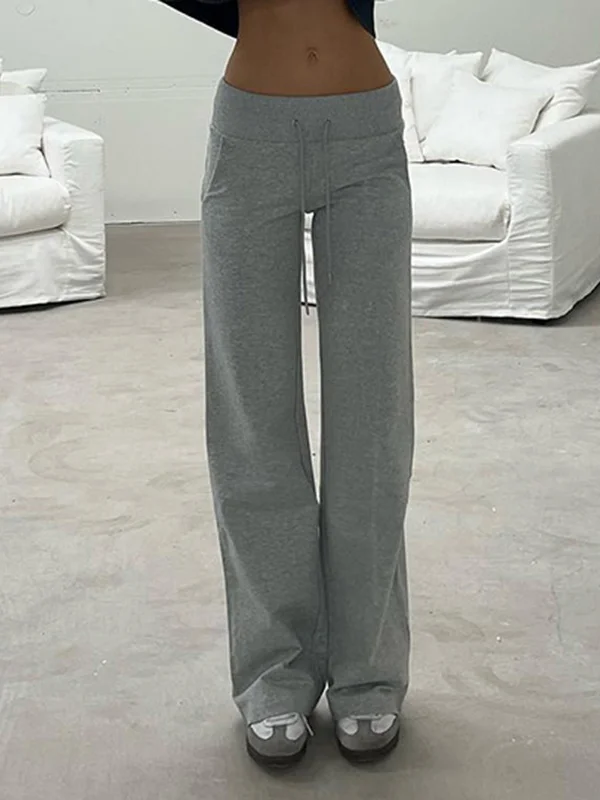 Drawstring Pockets Solid Color Flared Pants Loose Trousers Pants