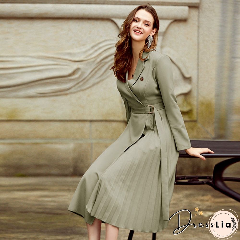 Vintage pleated belt plaid dress women Elegant office ladies blazer dresses Long sleeve female autumn midi party dress