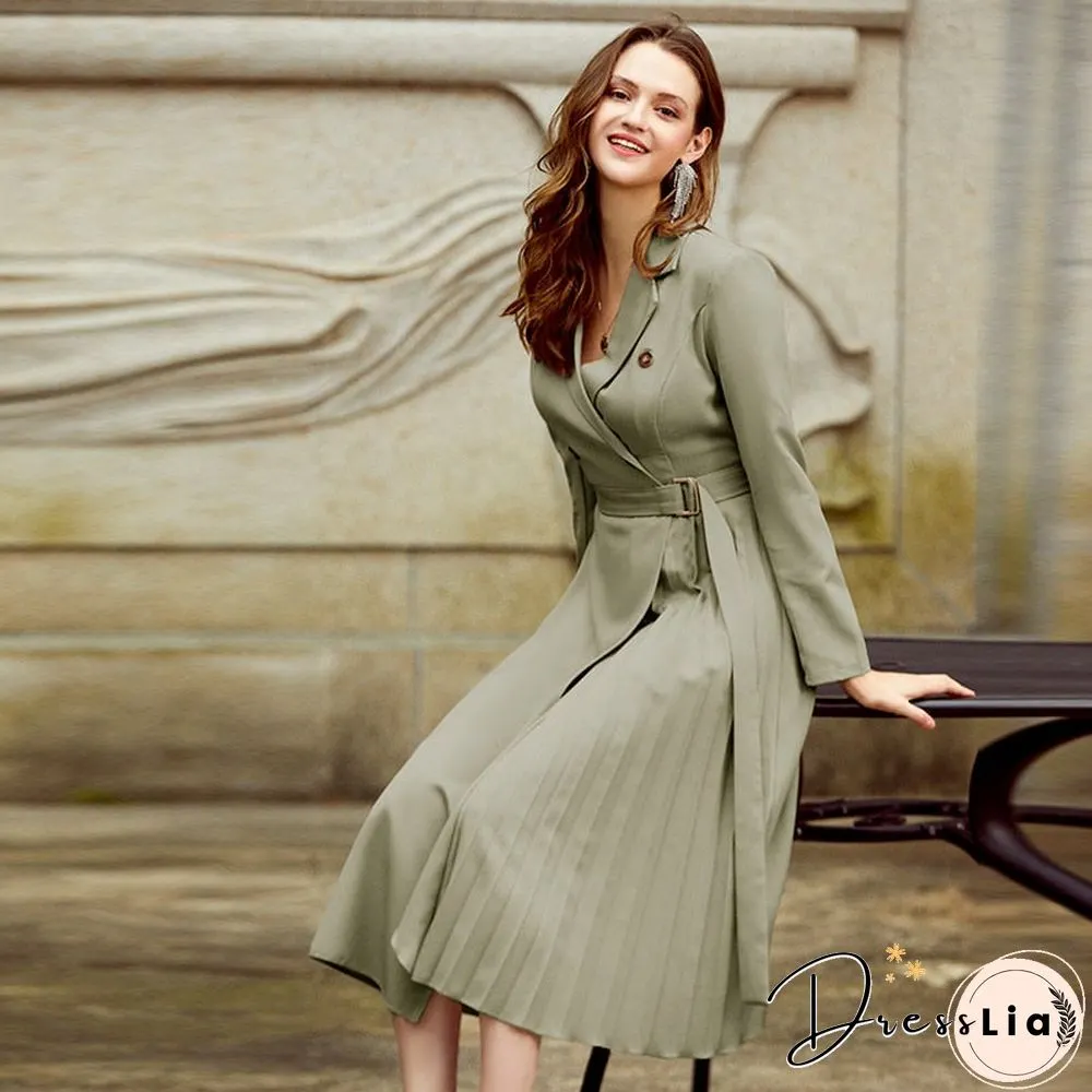 Vintage pleated belt plaid dress women Elegant office ladies blazer dresses Long sleeve female autumn midi party dress