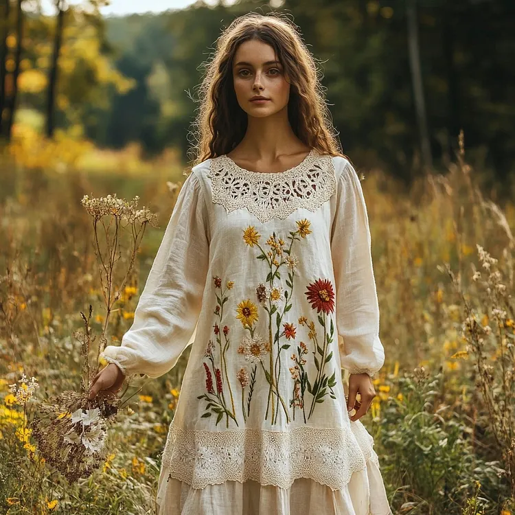 Women Summer Artsy Flower Stand Collar Linen Dress