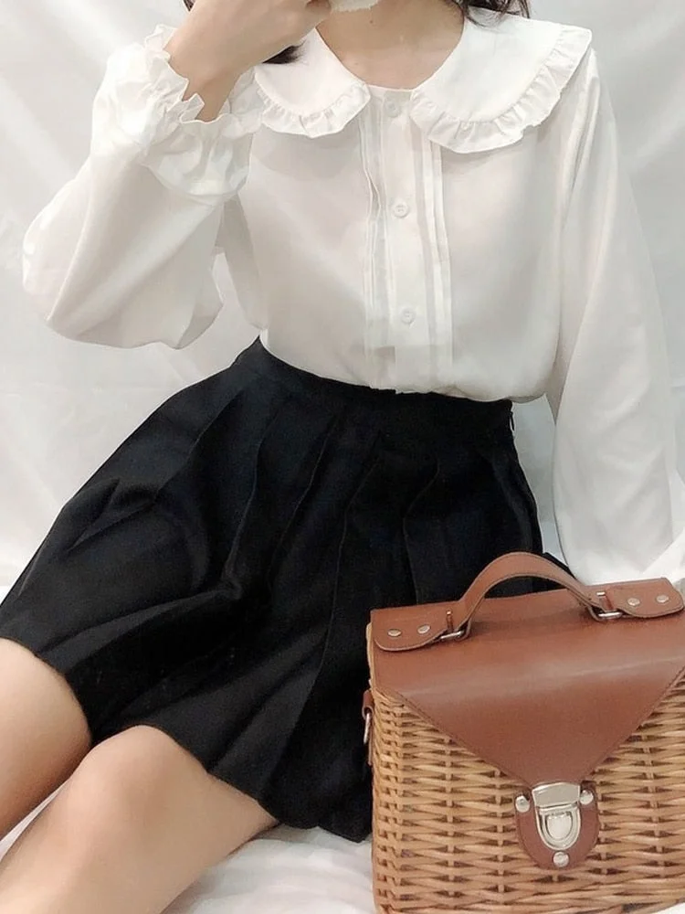 Back to School White Shirt Women Kawaii Peter Pan Collar Blouses Button Up Long Sleeve Cute Ruffle Tops Lolita Style Mori Girl Aesthetic