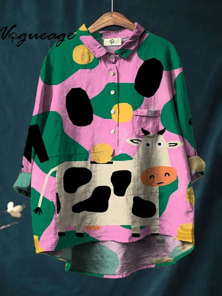 Cartoon Drawing Colorful Spotted CowPrint Cotton And Linen Shirt