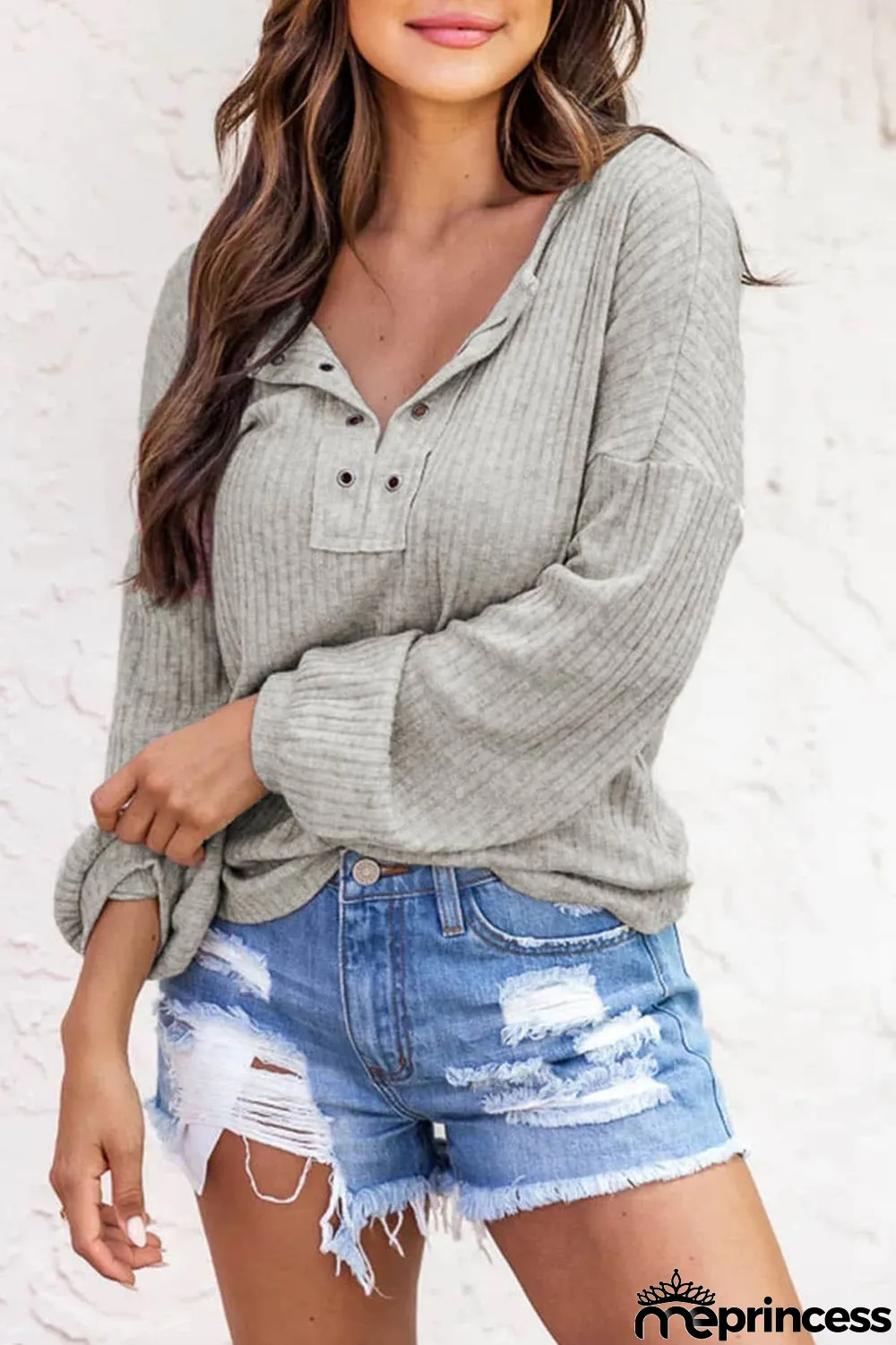 Gray Ribbed Drop Shoulder Long Sleeve Top