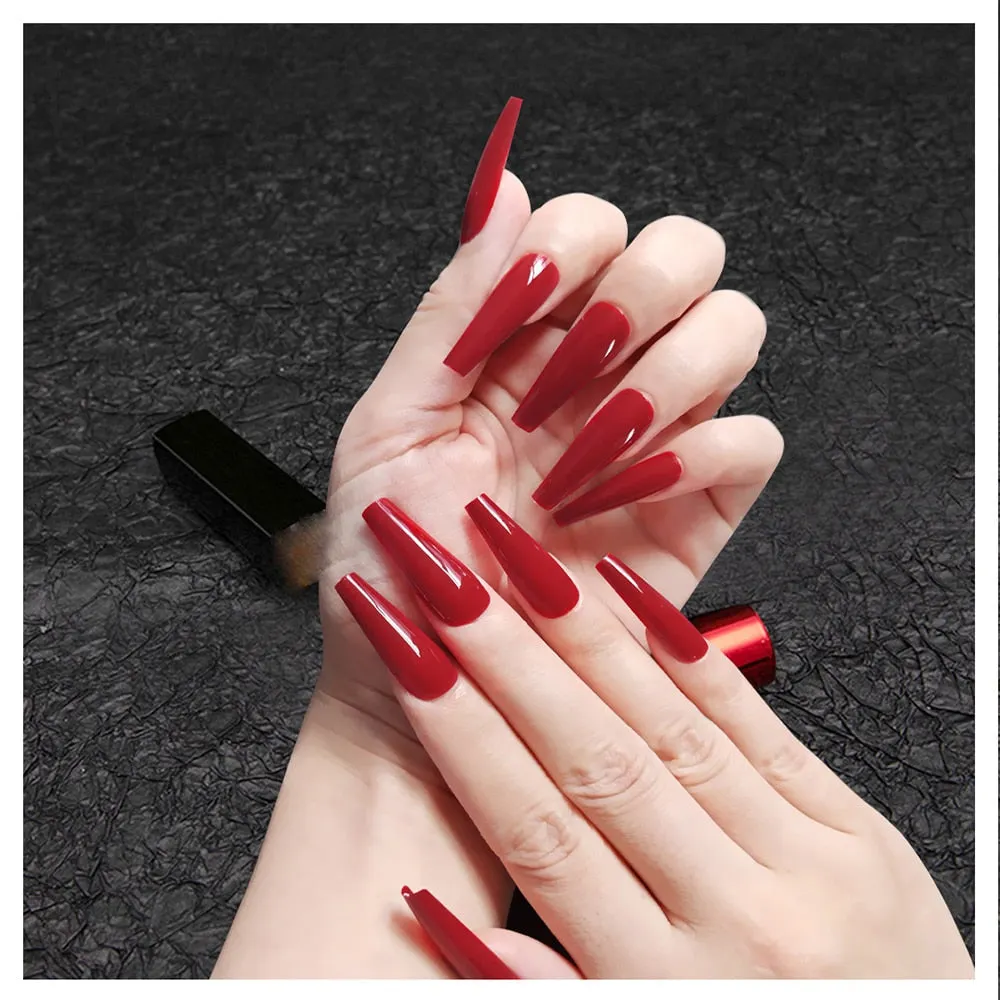 24Pcs Detachable False Nails Long Ballerina Artificial Fake Nails Full Cover Jelly Red Coffin Nail Tips DIY Manicure Tool 515-1-Nail Inspo