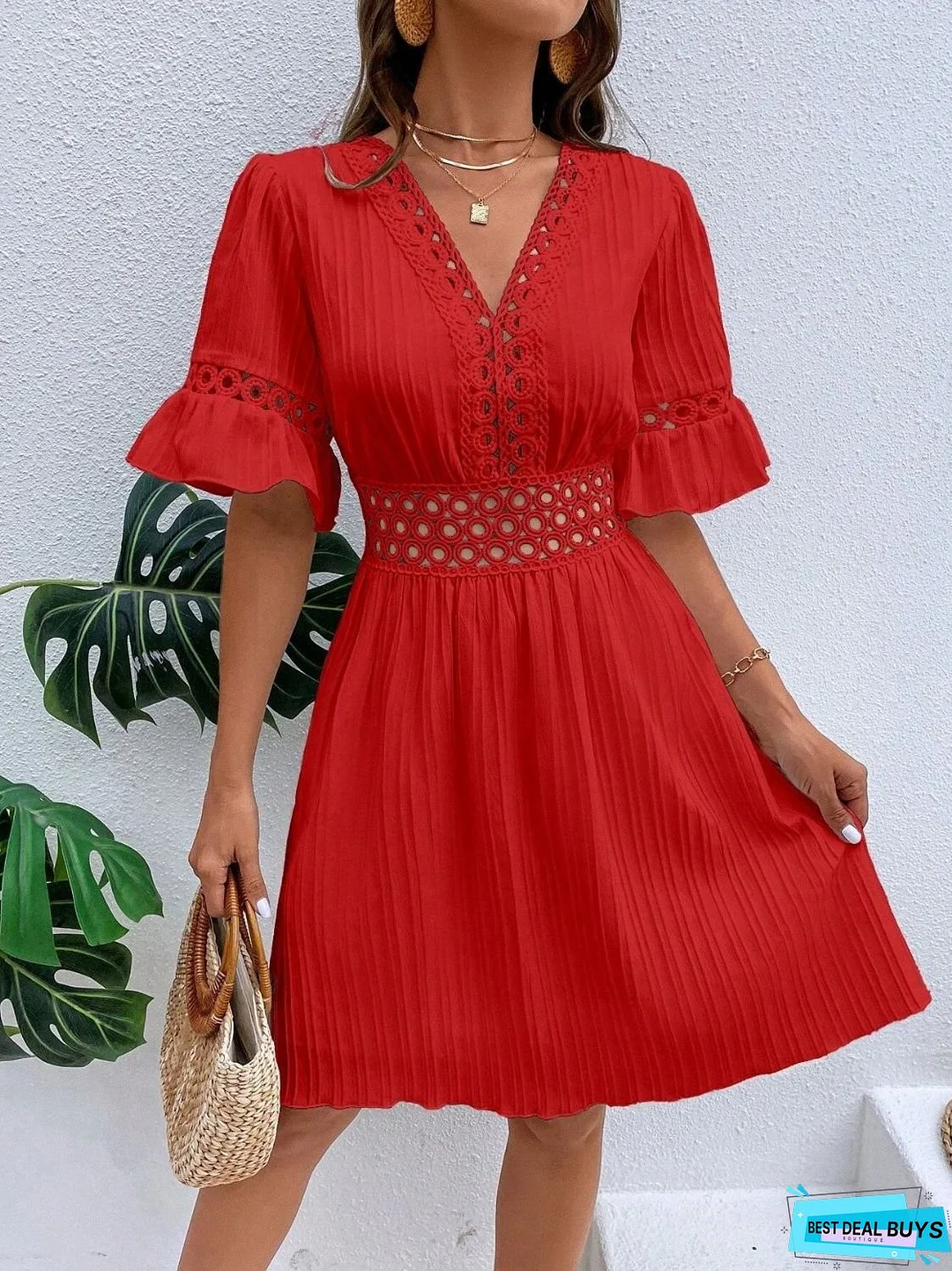 Cutout V-Neck Flounce Sleeve Mini Dress